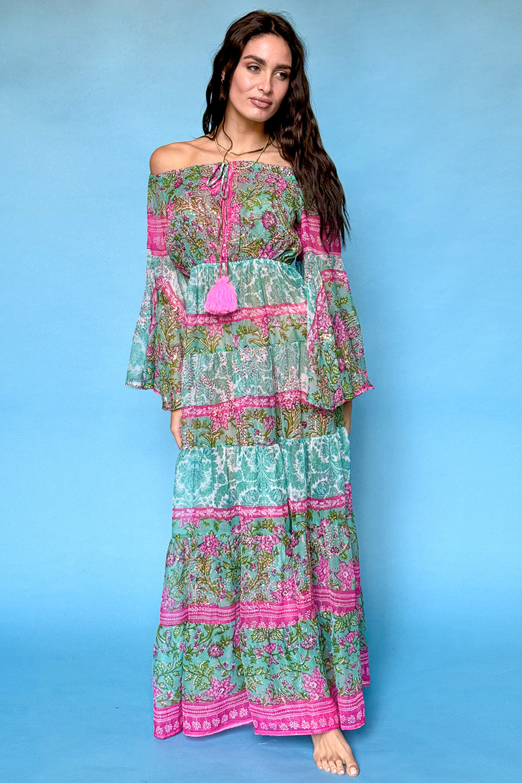 Long dress with off-the-shoulders