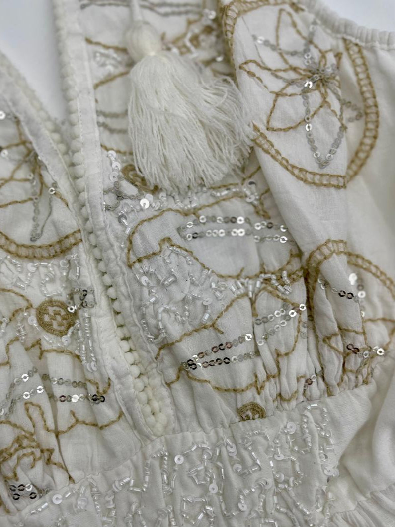 White & Gold Embroidered Halter Mini Dress