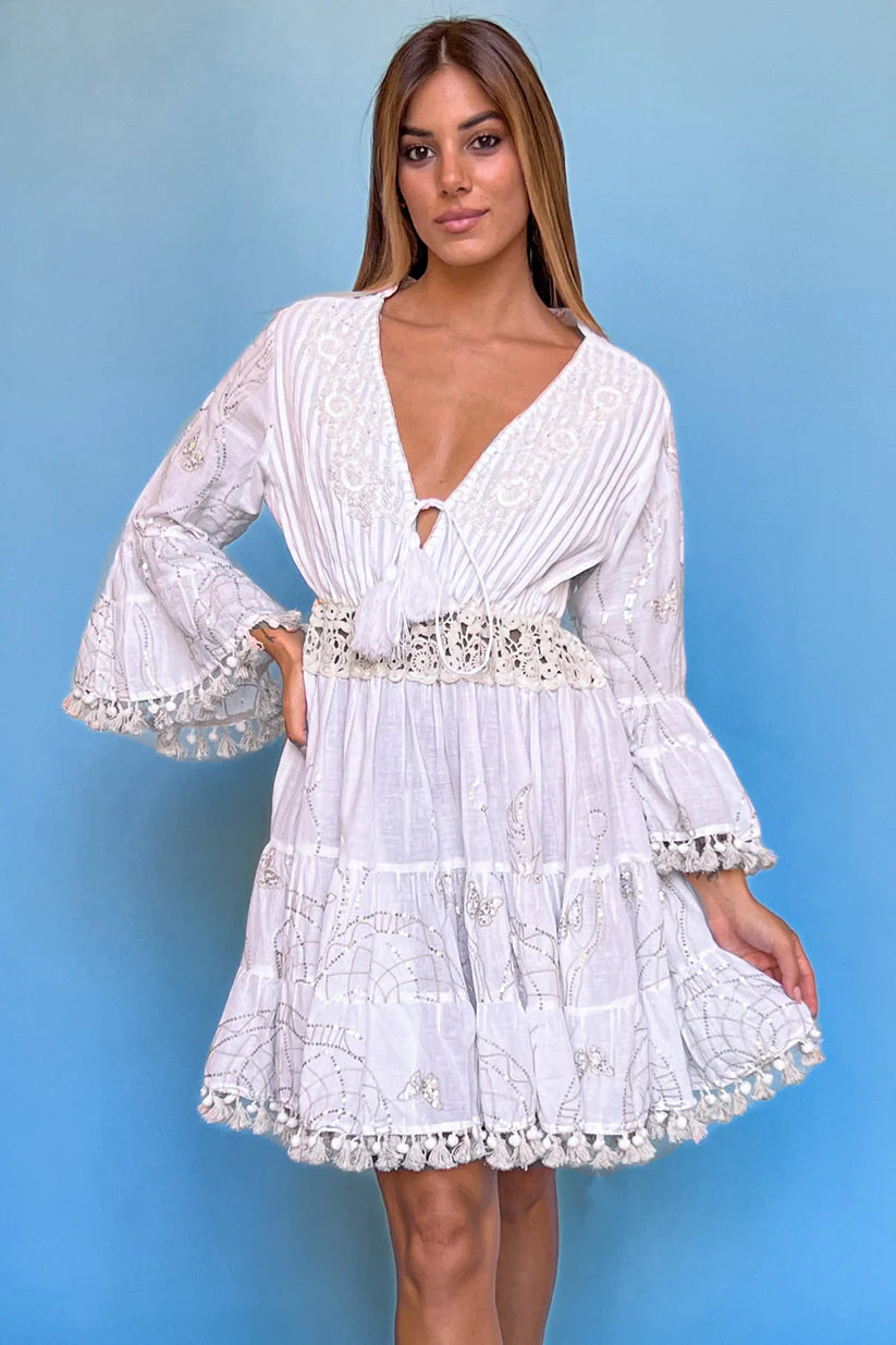 White Embroidered Boho Mini Dress