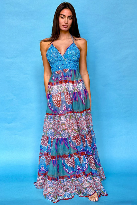 Blue Boho Halter Maxi dress