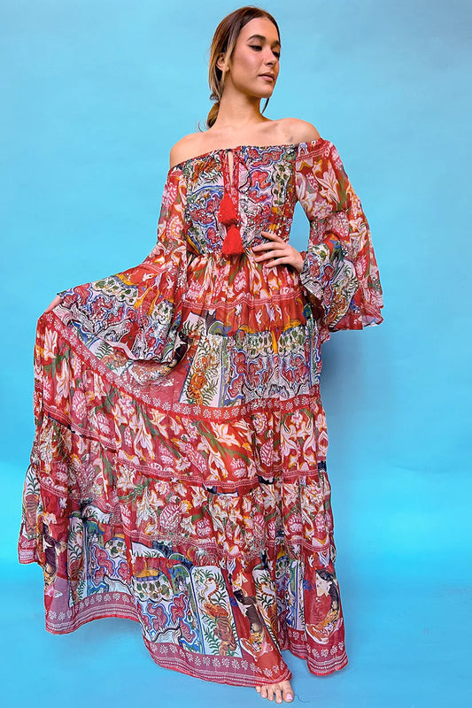 Long dress with off-the-shoulders