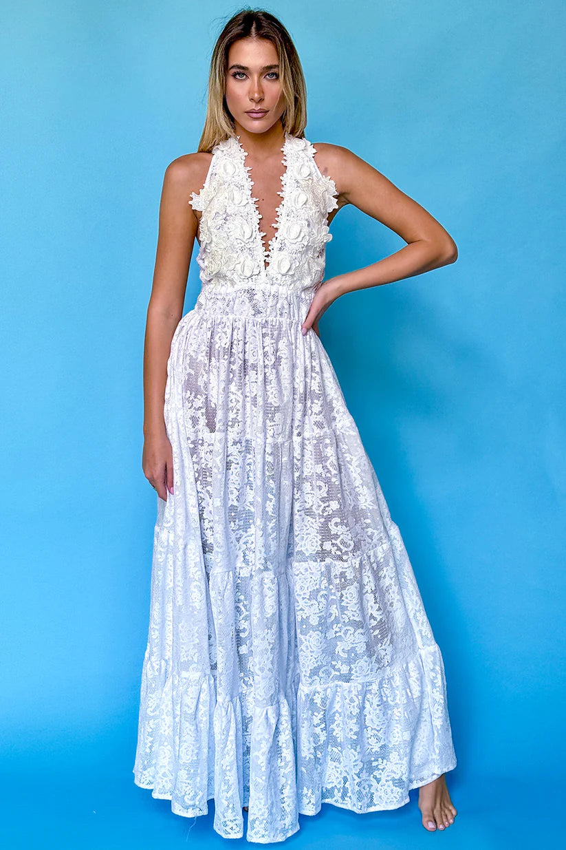 White Lace Halter Maxi Dress
