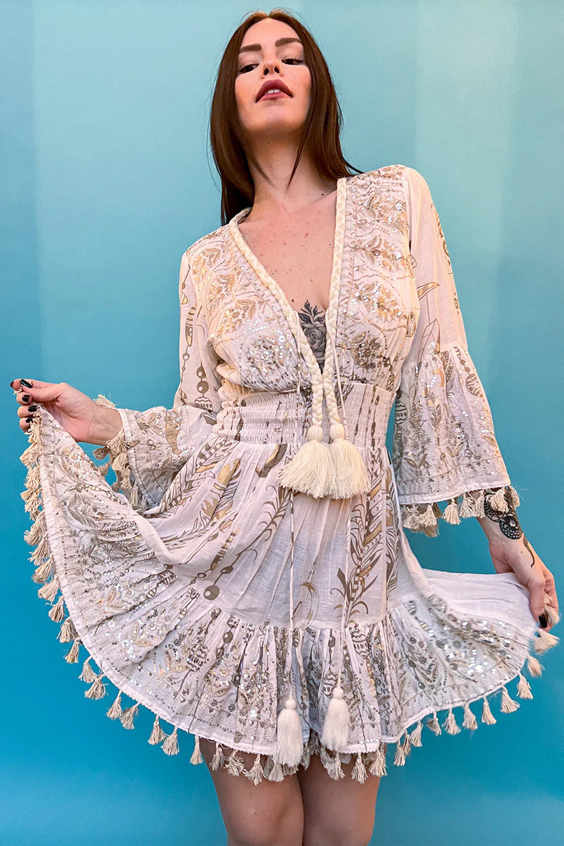 White & Gold Boho Sequin Dress