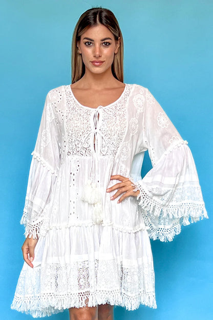 White Lace & Cotton Boho Mini Dress
