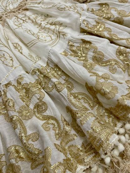 White & Gold Flared Boho Mini Dress