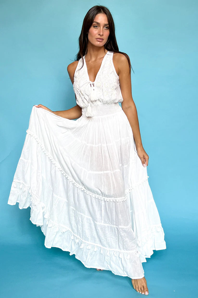 White Embroidered V-Neck Maxi Dress